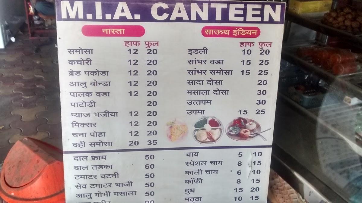 Menu at MIA Canteen, Nagpur