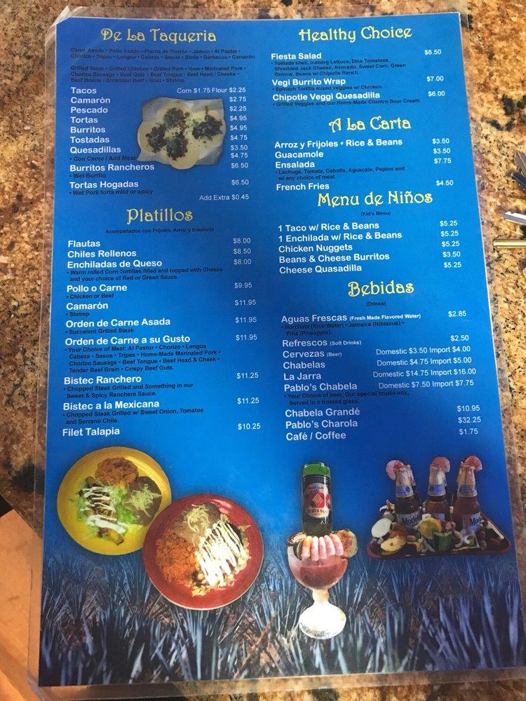 Menu at Pablos Tacos & Beer restaurant, Indio