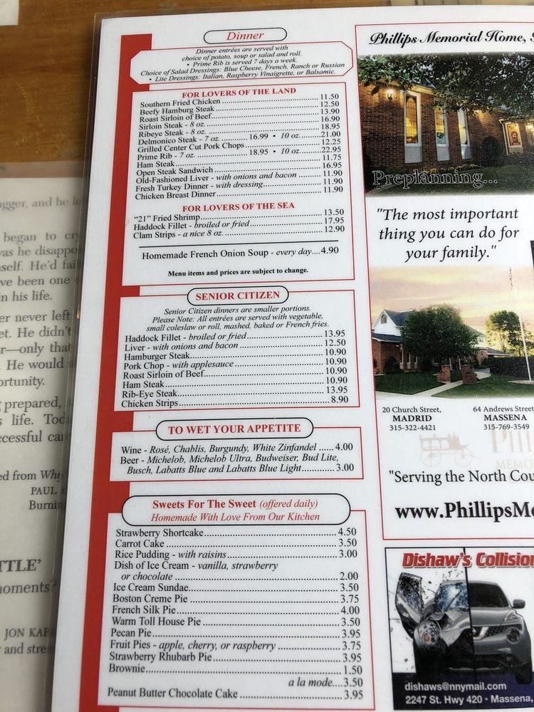 Menu at Spanky's restaurant, Massena