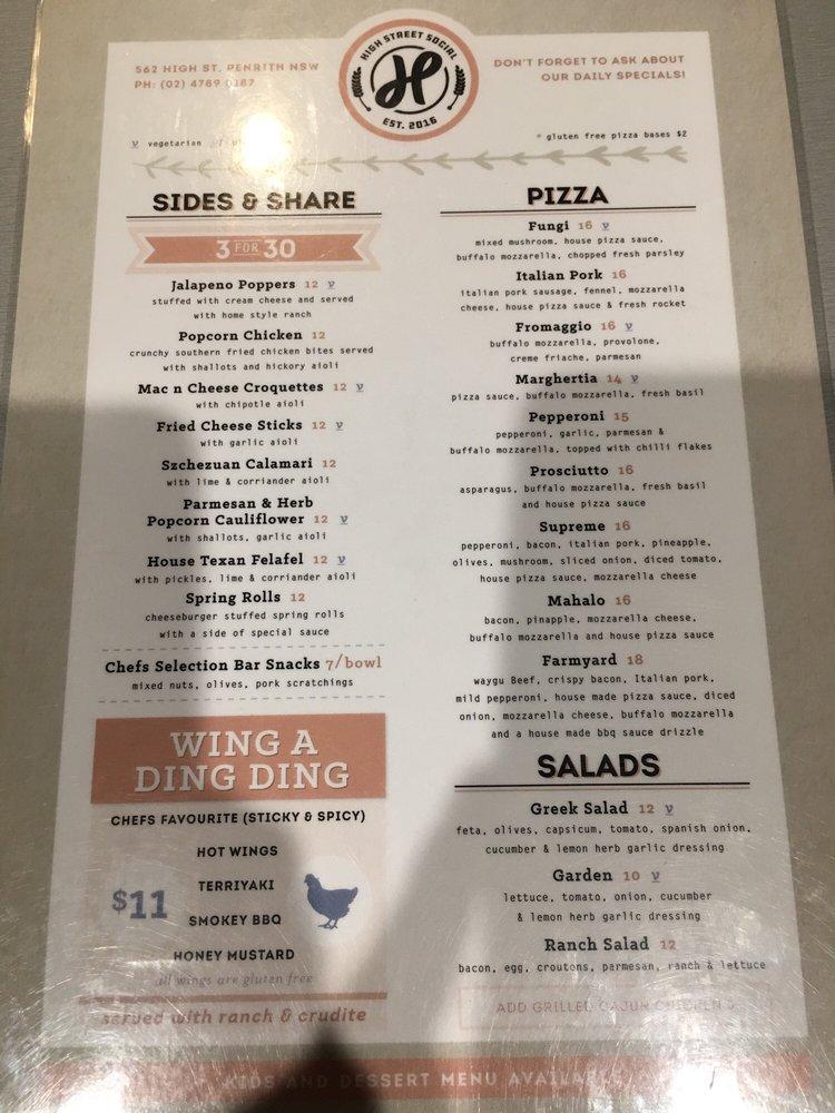 Menu at High Street Social pub & bar, Penrith