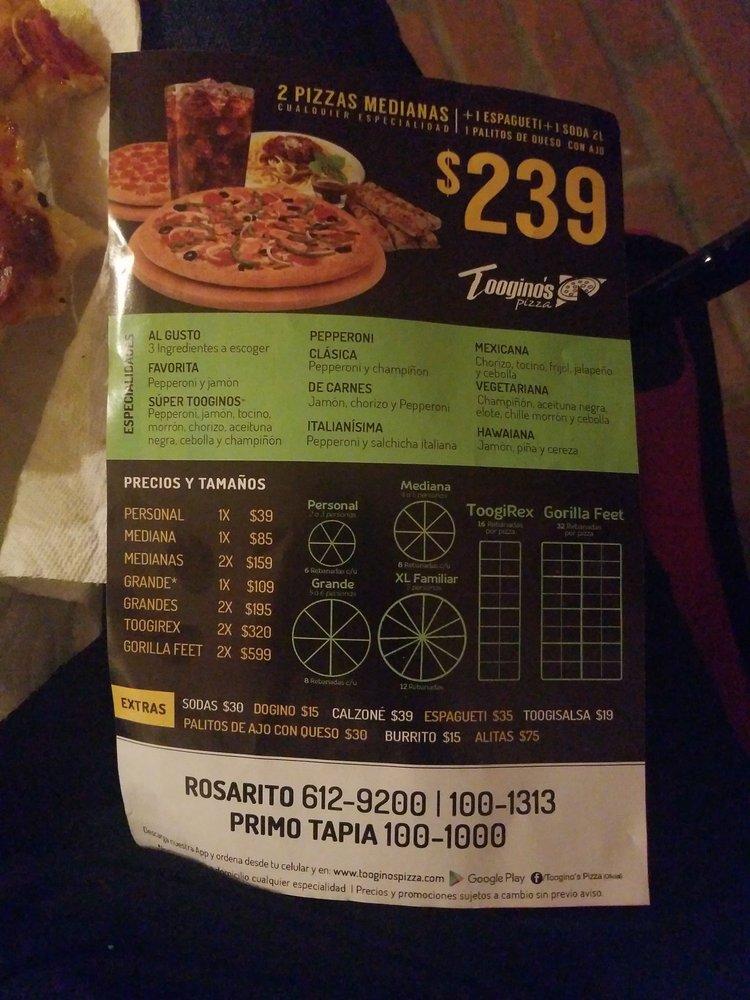 Carta de pizzería Toogino's Rosarito, Rosarito