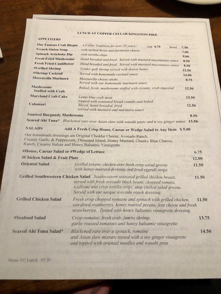 Menu at Copper Cellar West steakhouse, Knoxville, Kingston Pike