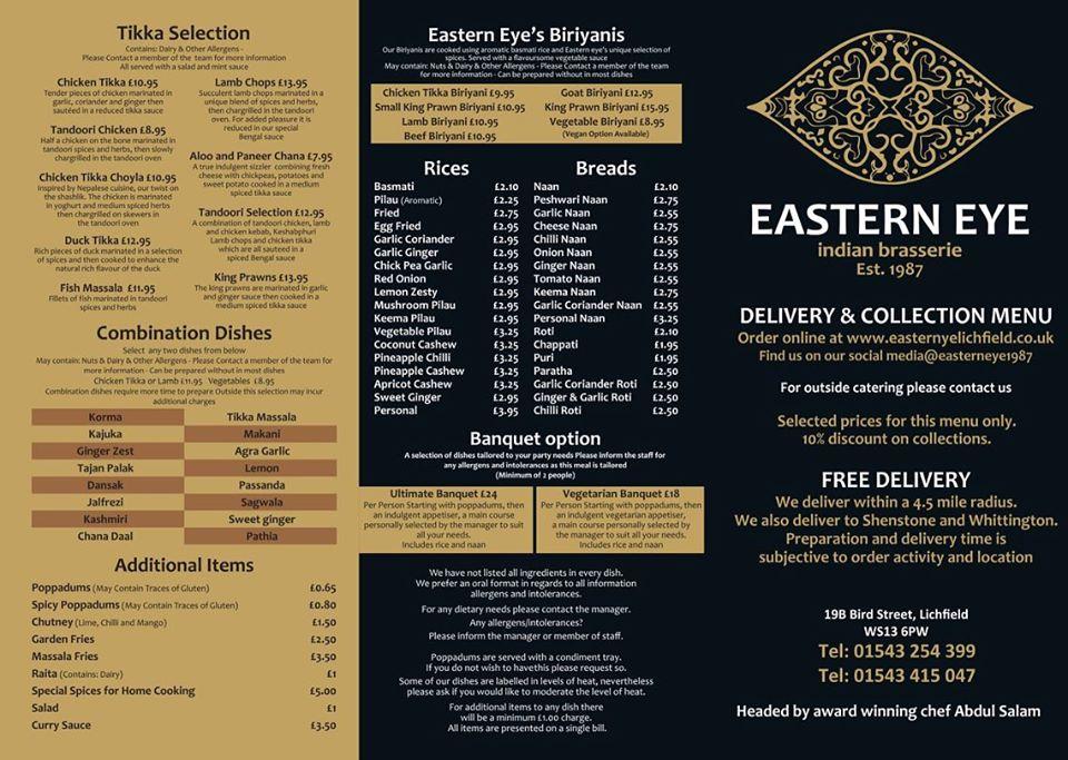 Menu at Eastern Eye Indian Brasserie restaurant, Lichfield