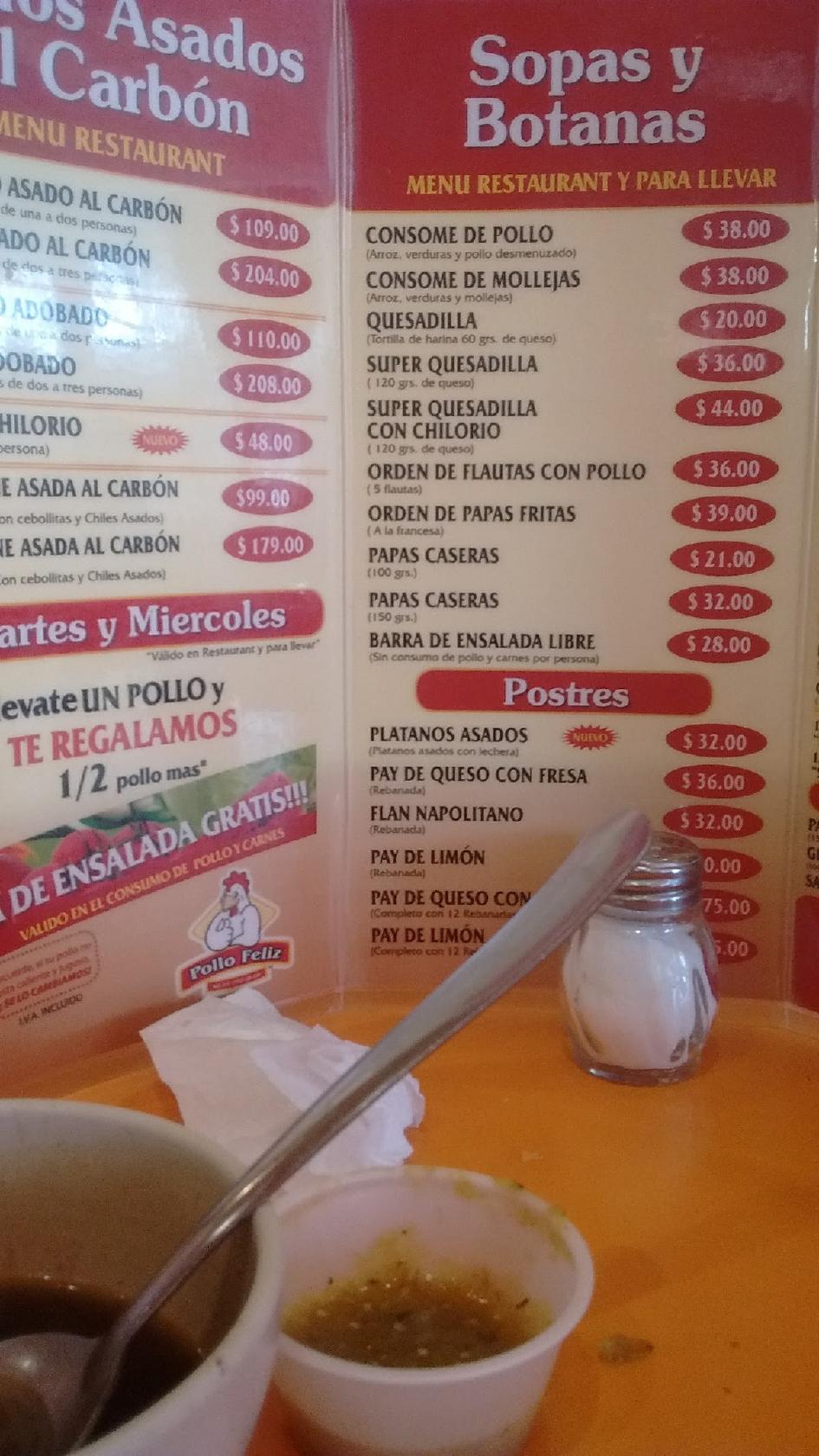 Menu at Pollo Feliz restaurant, Toluca, Av. Miguel Hidalgo Ote. 1317