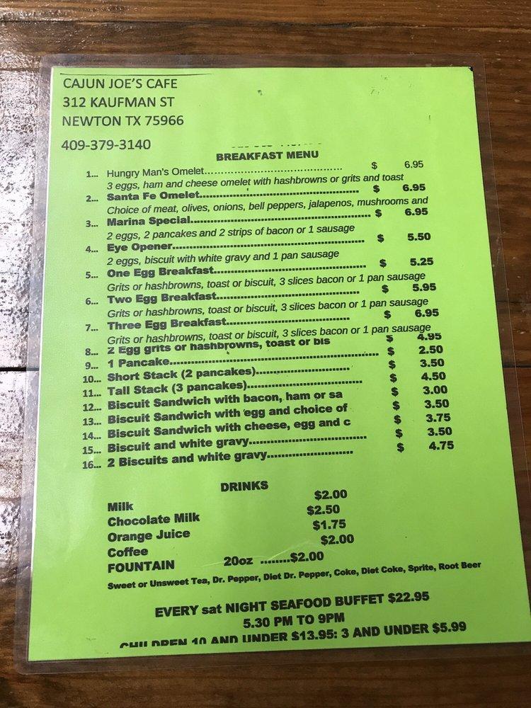 Menu at Cajun Joe's Cafe, Newton
