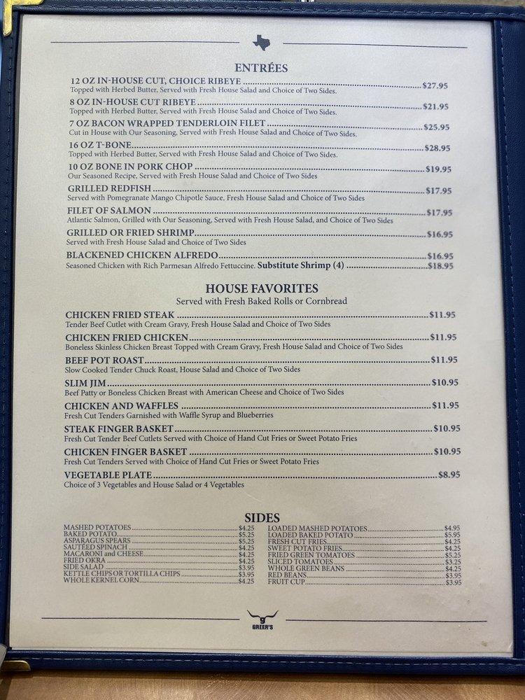 Menu at Greer's Ranch Cafe, Stephenville