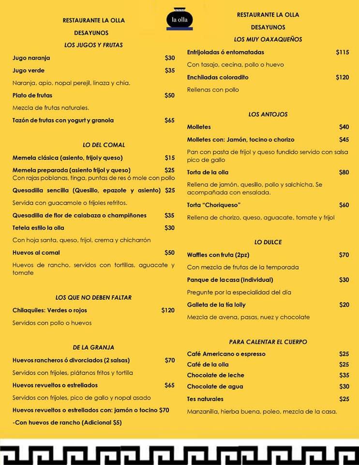 Menu at La Olla restaurant, Oaxaca