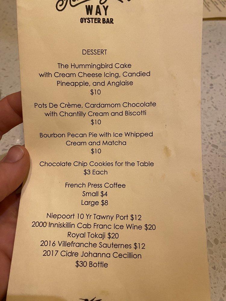 Menu at The Hummingbird Way Oyster Bar, Mobile
