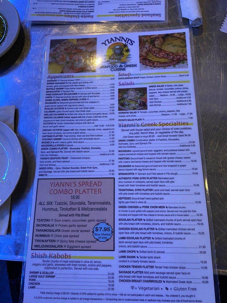 Menu at Yianni's Greek Cuisine restaurant, Tarpon Springs