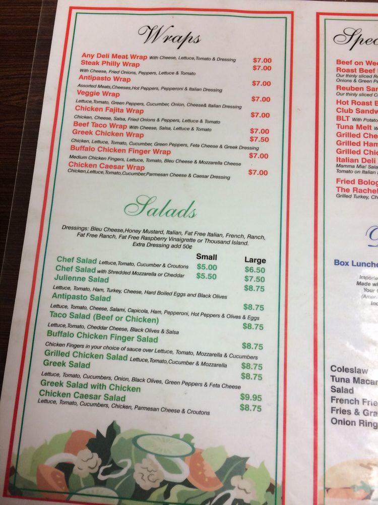 Menu at Donatello's pizzeria, Niagara Falls