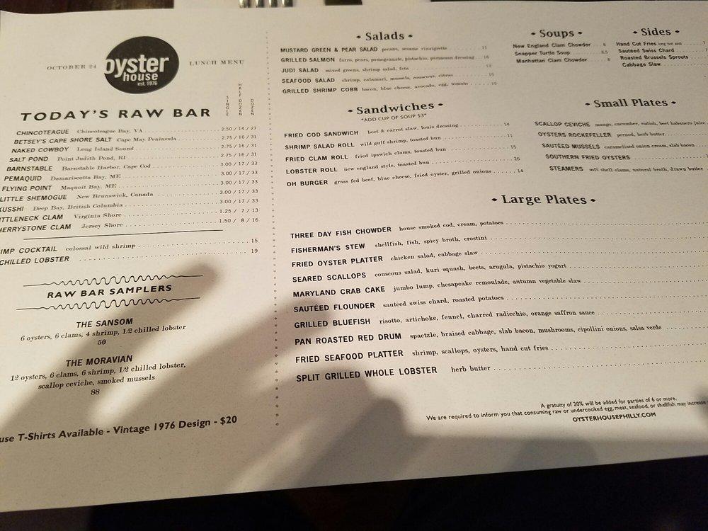 Menu at Oyster House restaurant, Philadelphia