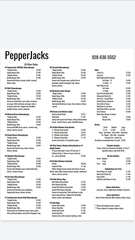 Menu at PepperJacks of Chino Valley restaurant, Chino Valley
