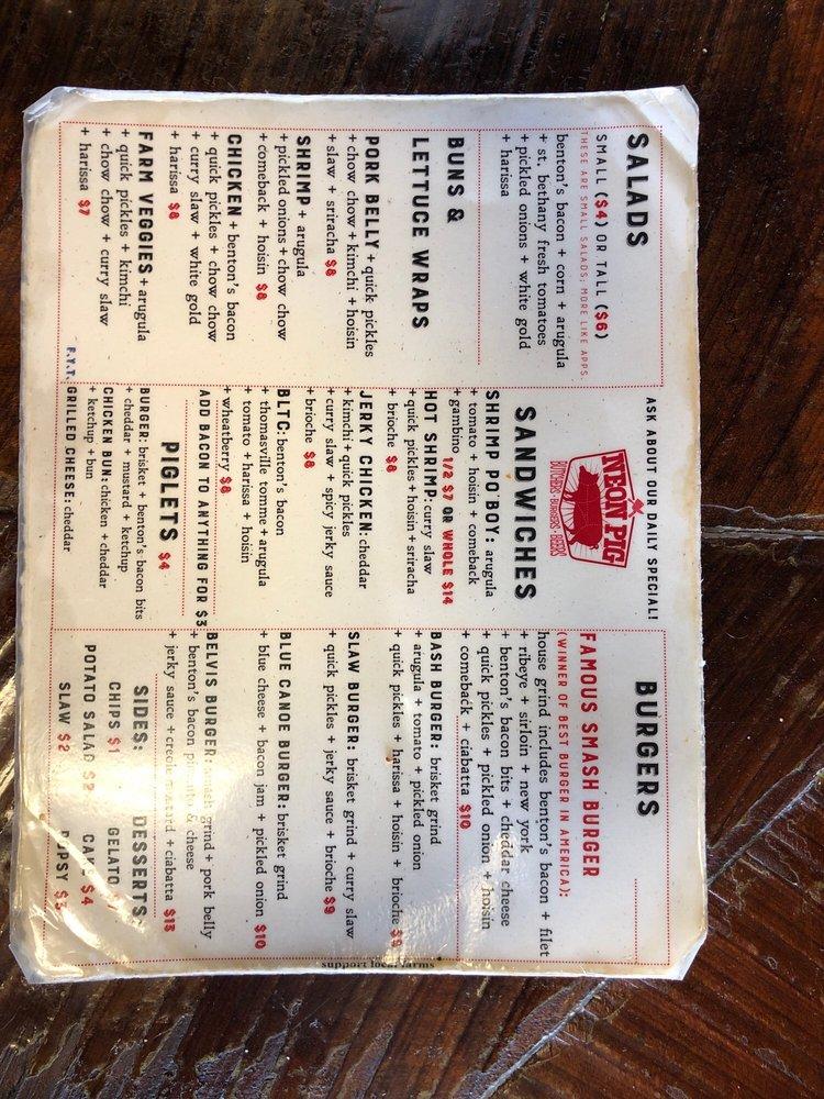 Menu at Neon Pig Tupelo cafe, Tupelo