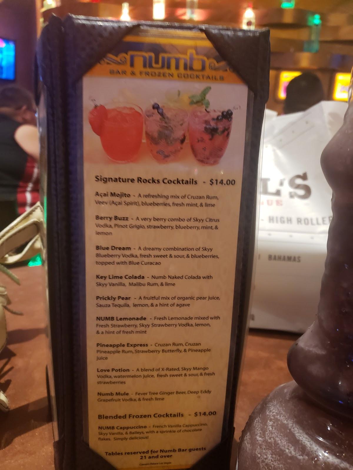 Menu at Numb Bar & Frozen Cocktails at Caesars Palace, Las Vegas, S Las