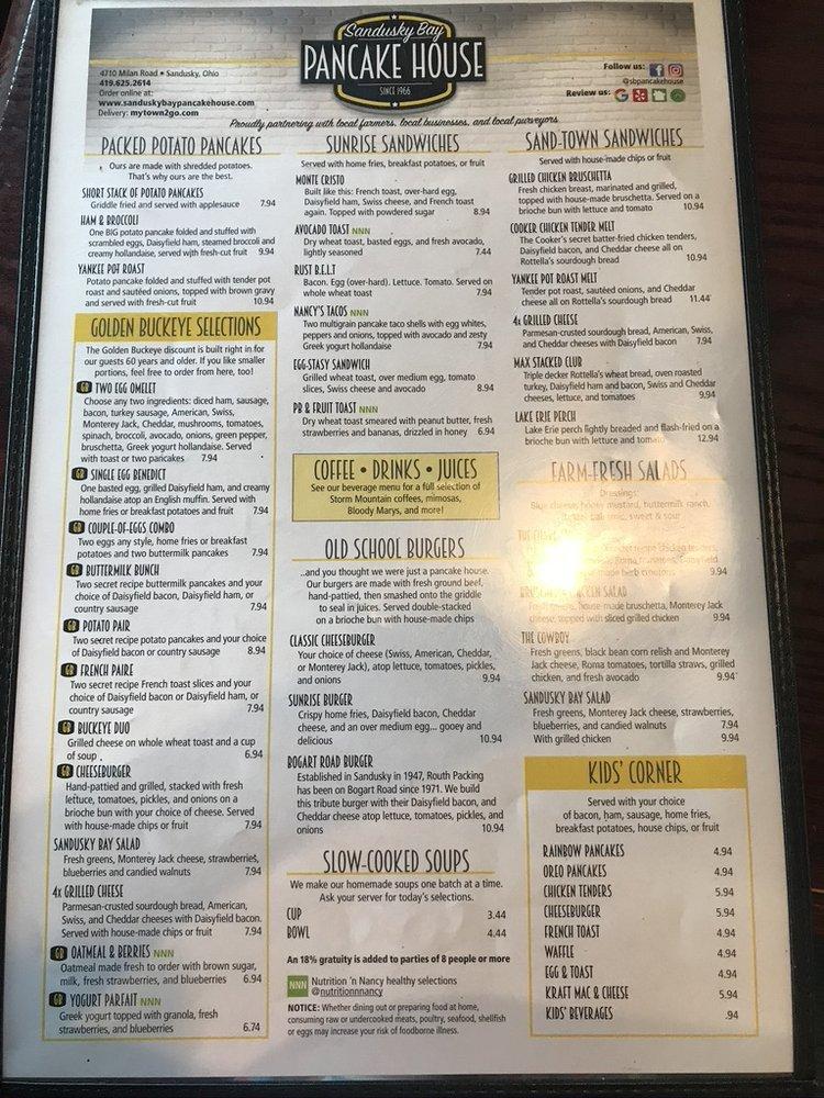Menu at Sandusky Bay Pancake House restaurant, Sandusky