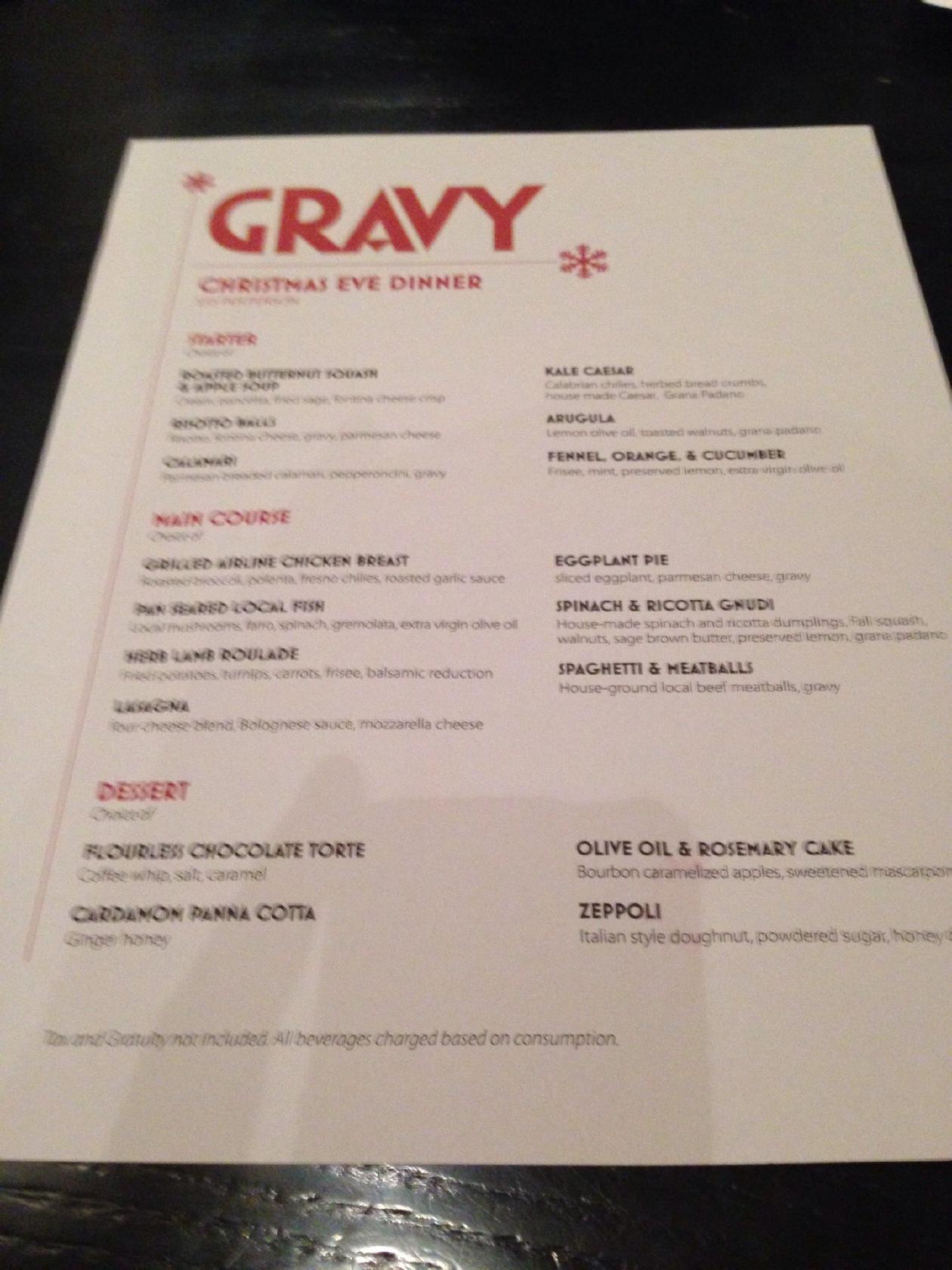 Menu at Gravy restaurant, Raleigh