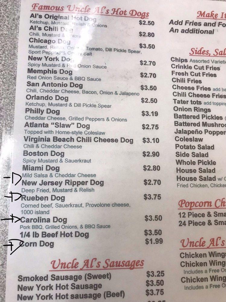 Menu at Famous Uncle Al's Hotdogs restaurant, Norfolk, N Military Hwy # 5