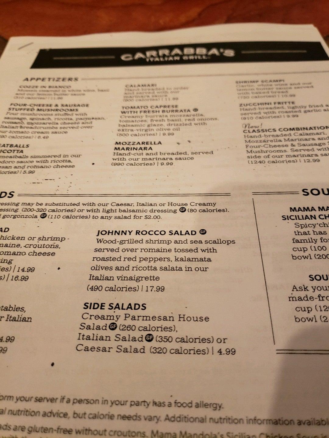 Menu at Carrabba's Italian Grill restaurant, Independence, E Valley