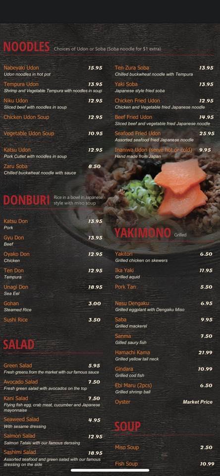 Menu at Fukui Sushi restaurant, Toronto