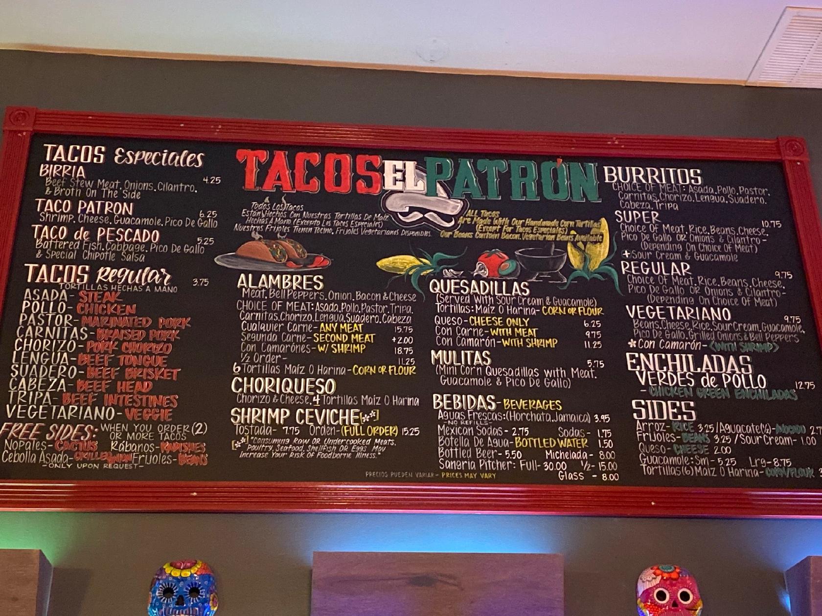 Menu at Tacos El Patron San Francisco restaurant, San Francisco