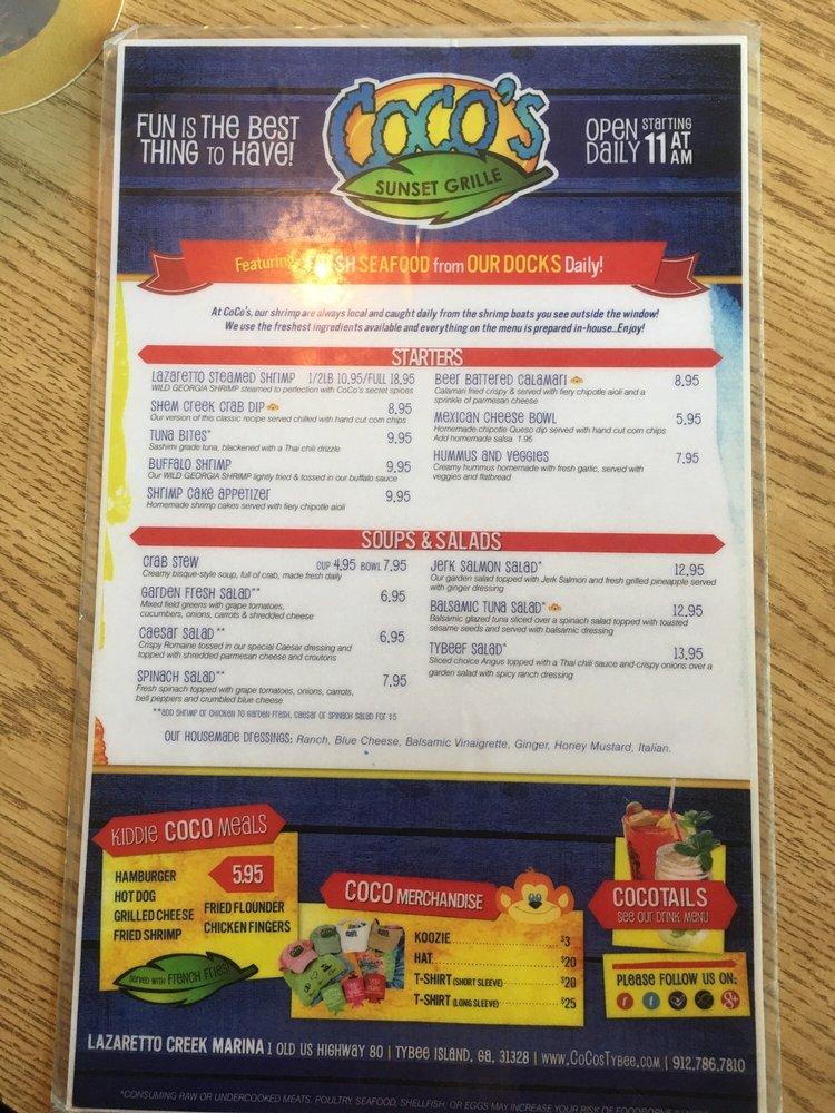 Menu at CoCo's Sunset Grille pub & bar, Tybee Island
