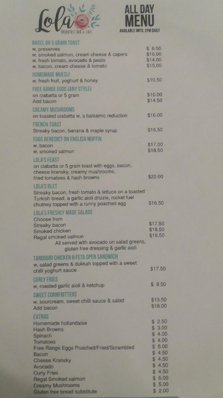 Carta de Lola Breakfast Bar And Cafe, Hamilton