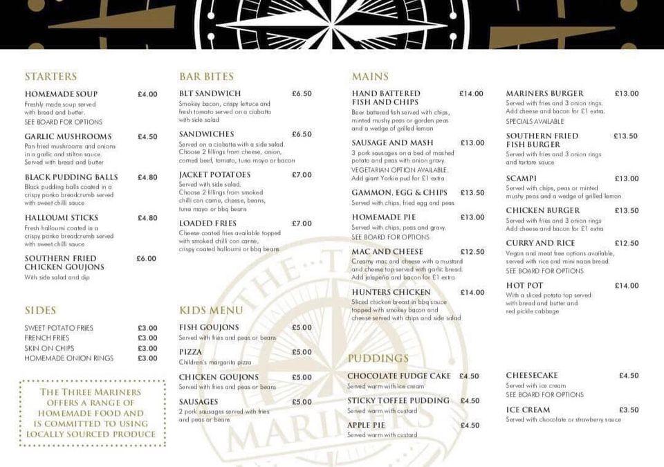 Menu at The Three Mariners, Lancaster pub & bar, Lancaster