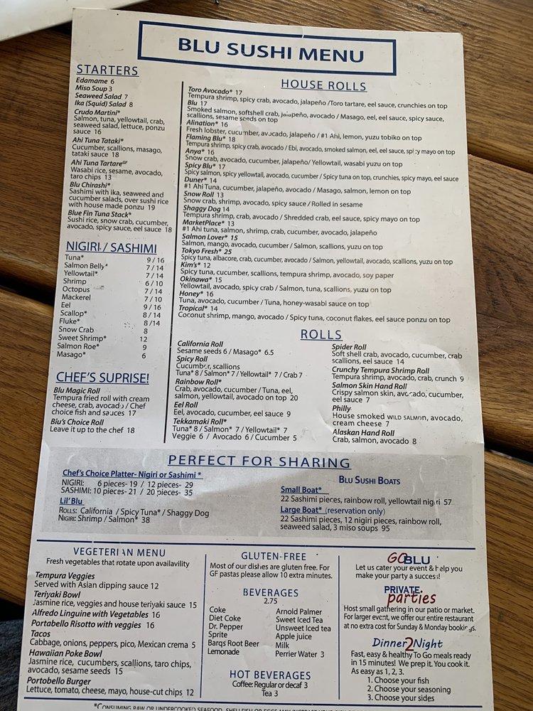 Menu at Blu Fish House restaurant, Bentonville