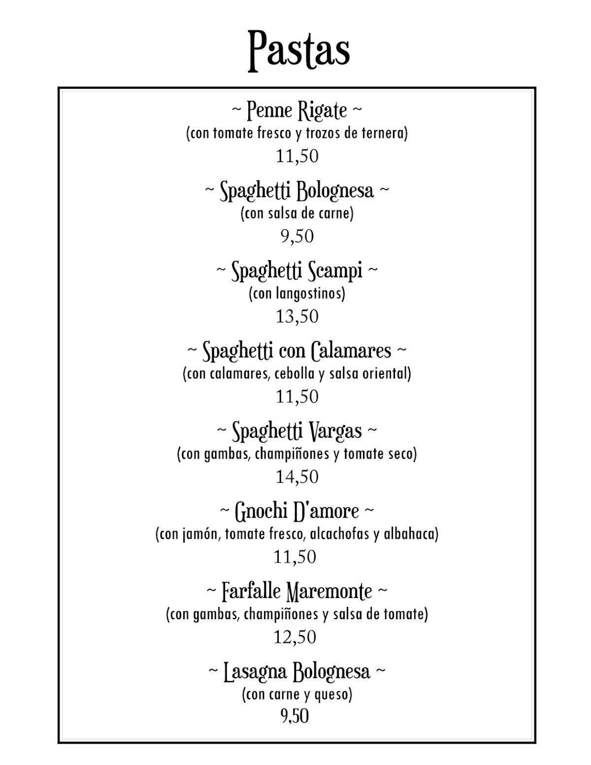 Menu at Isola Bella restaurant, Vigo