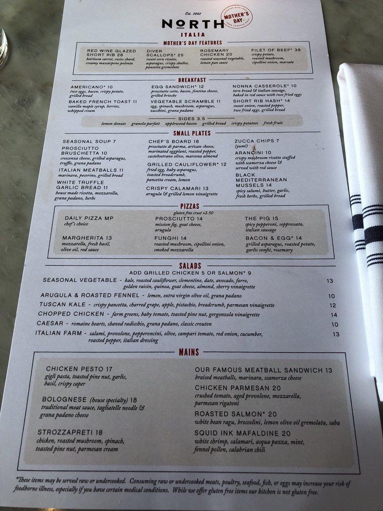 Menu at North Italia pub & bar, Las Vegas