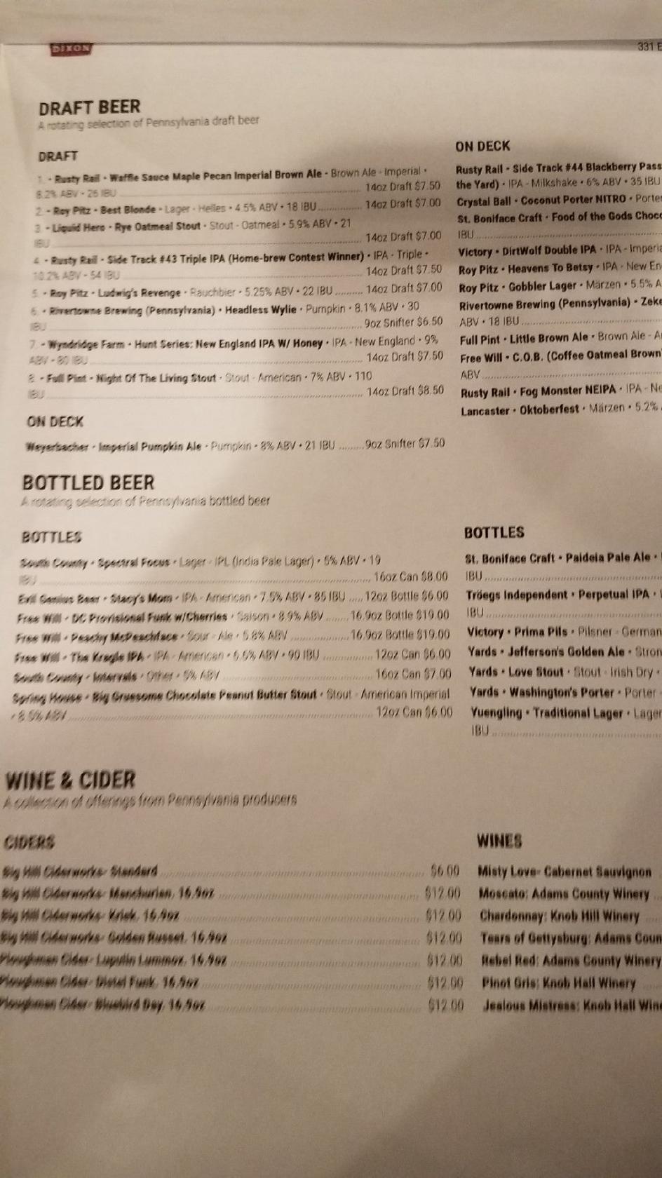 Menu At Mason Dixon Distillery Pub & Bar, Gettysburg