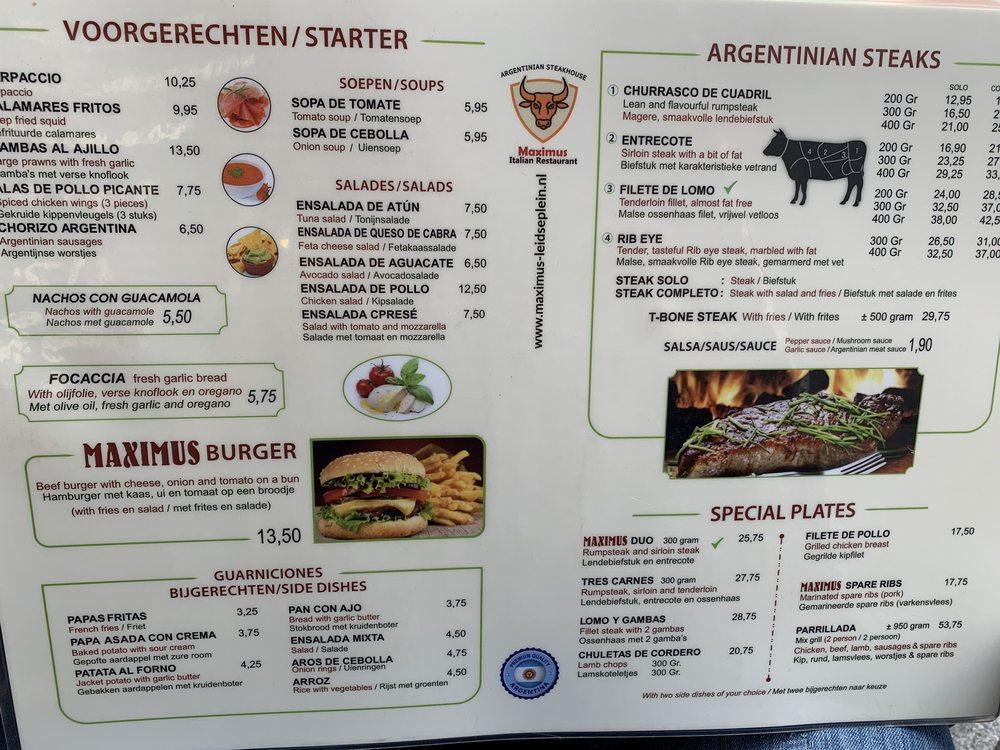 Menu at Maximus Steakhouse, Amsterdam, Max Euweplein 27