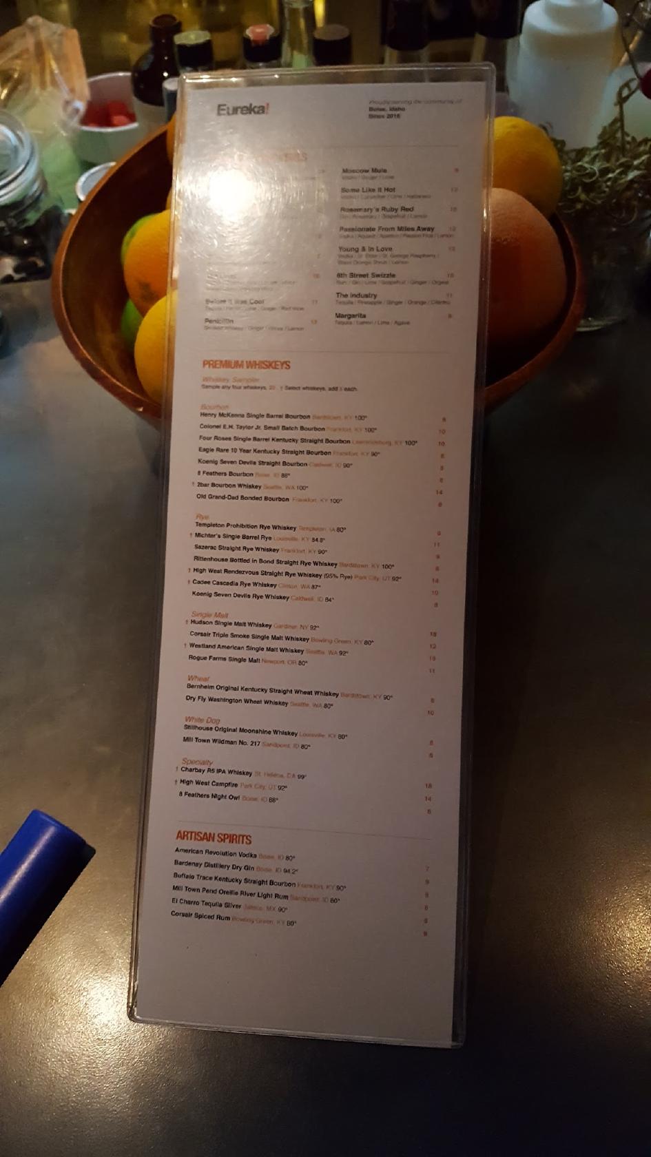 Menu at Eureka! restaurant, Boise