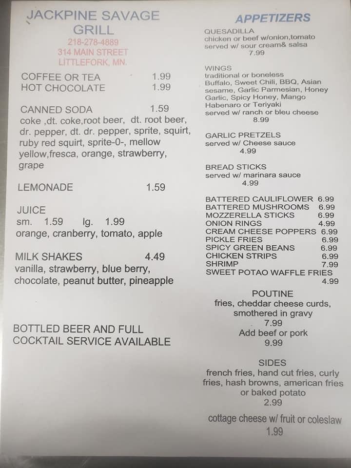 Menu at Jackpine Family Diner restaurant, Littlefork