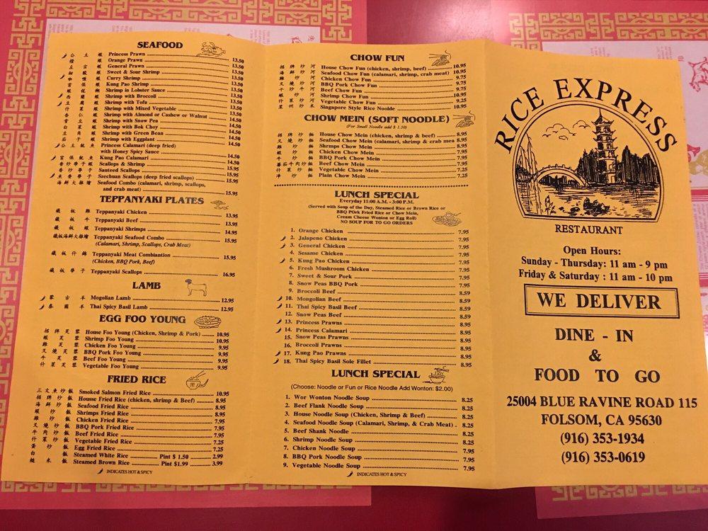 Menu at Rice Express restaurant, Folsom