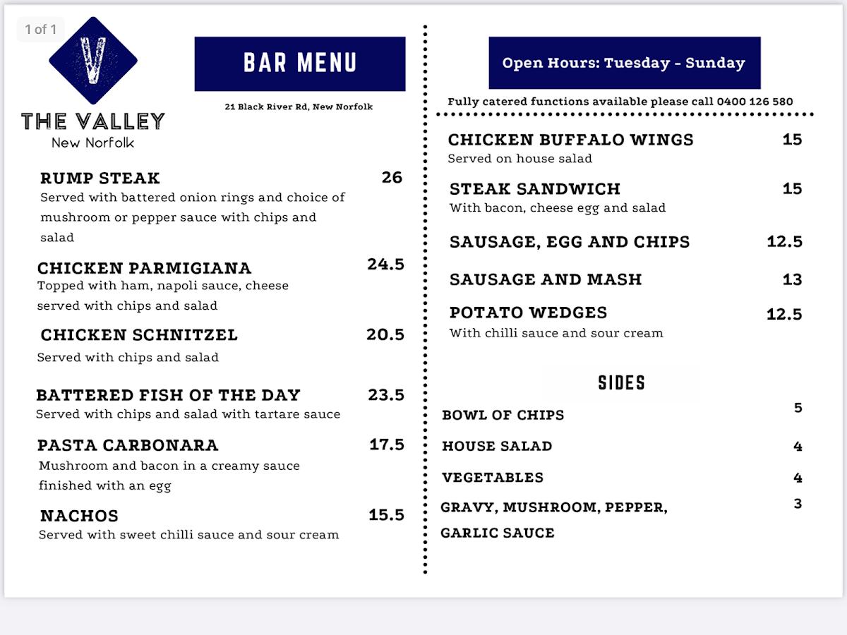 Menu at The Valley Sports Bar, New Norfolk