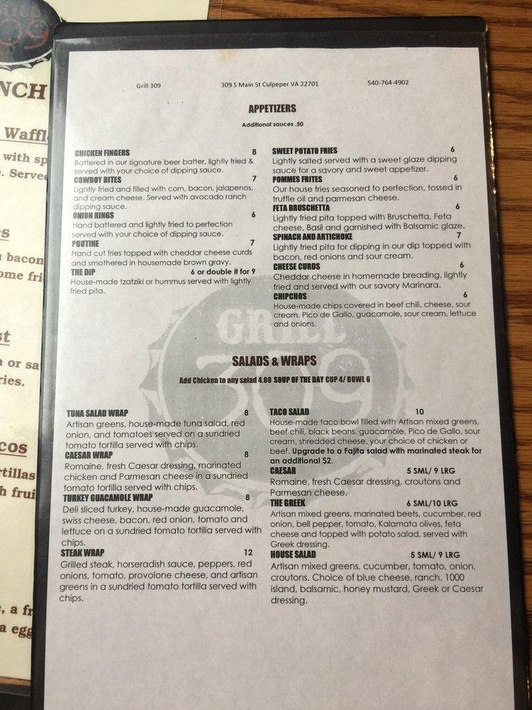 Menu at Grill 309 pub & bar, Culpeper