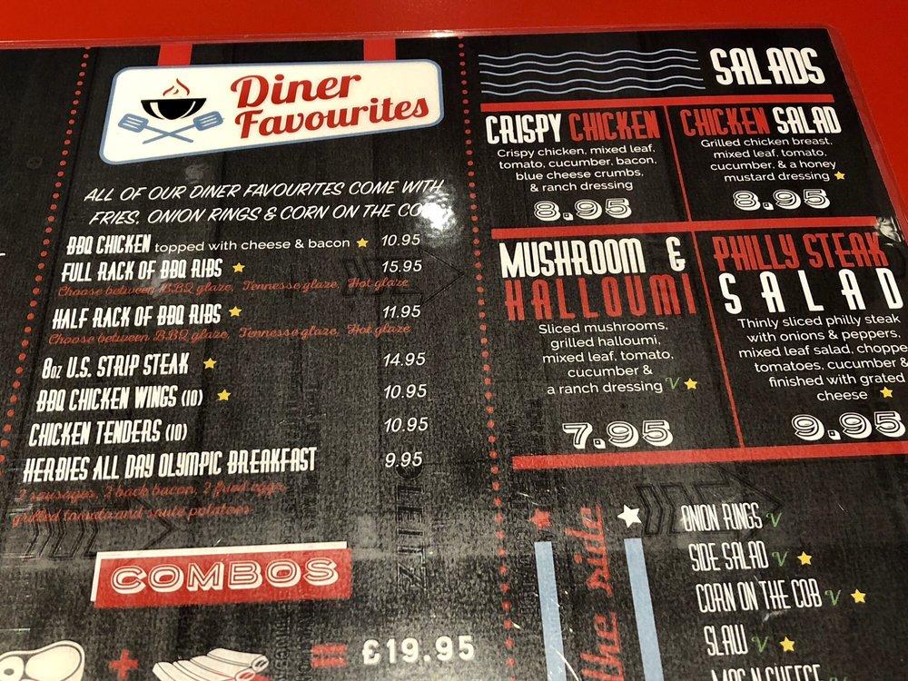 Menu at Herbie's American Diner restaurant, Bar Hill