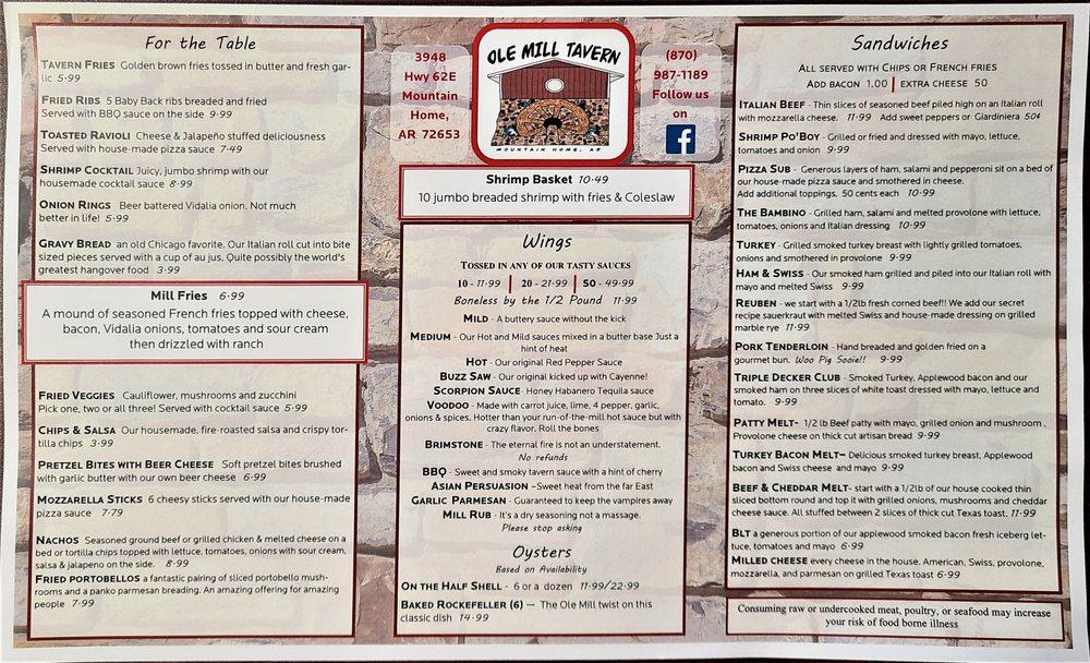 Menu at Ole Mill Tavern pub & bar, Mountain Home, US62