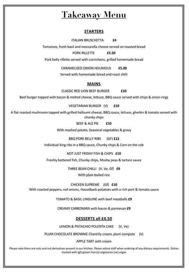 Menu at The Old Red Lion Inn pub & bar, Horseheath