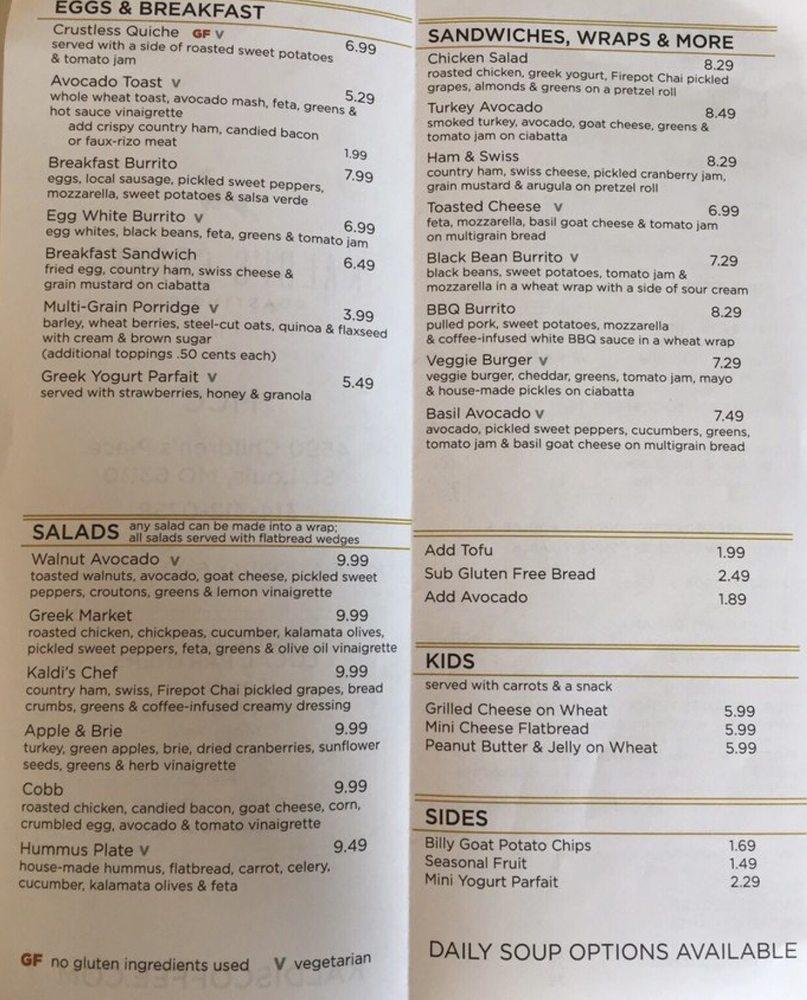 Menu at Kaldi's Coffee cafe, St. Louis, 52 N Euclid Ave