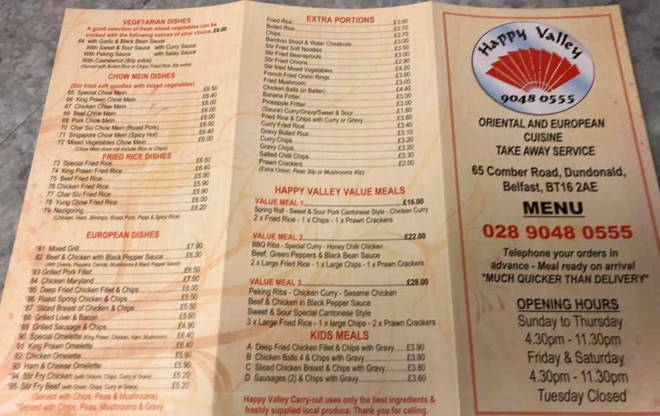 Menu at Happy Valley Chinese fast food, Dundonald, 65 Comber Rd