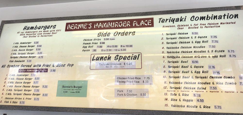 Menu at Bernie's Teriyaki &amp; Hamburger restaurant, Portland