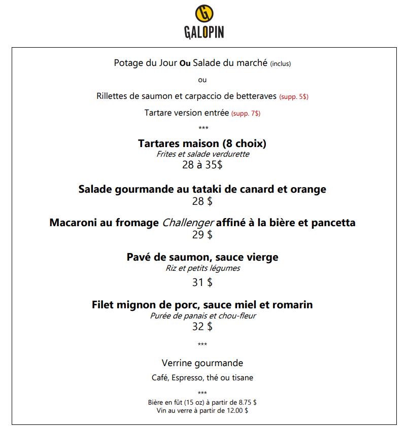 Menu au Restaurant Le Galopin Québec