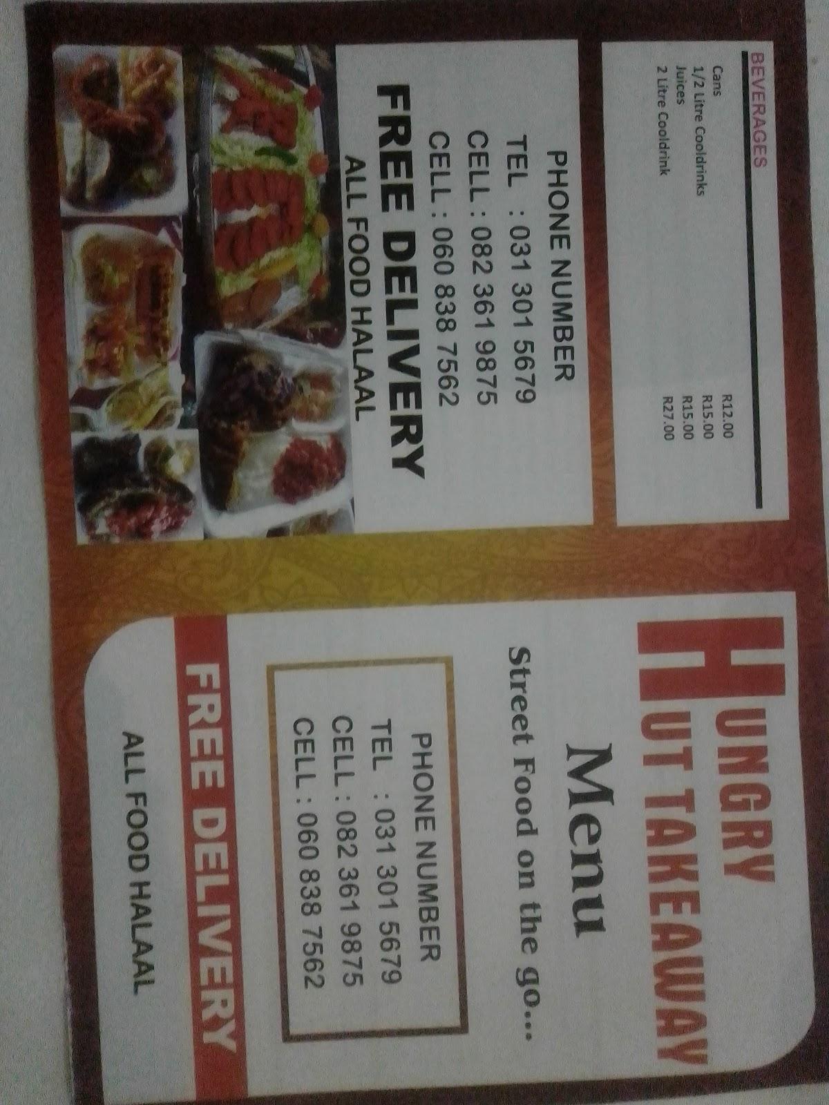 Menu at Hungry Hut restaurant, Durban, 234 West St