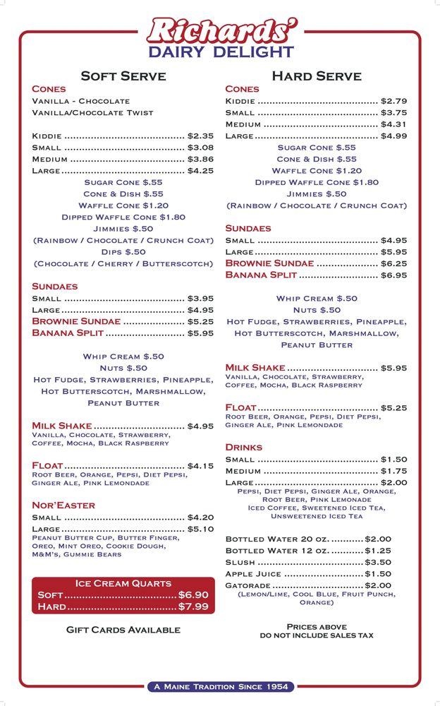 Menu at Richards' Dairy Delight desserts, Sebago