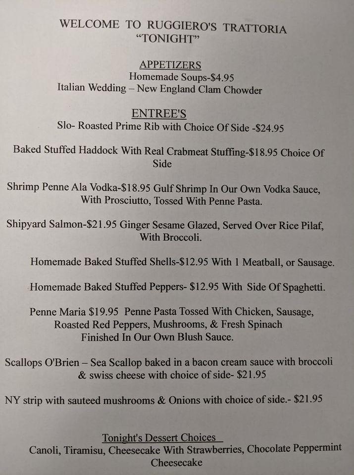 Menu at Ruggiero's Trattoria restaurant, Little Falls