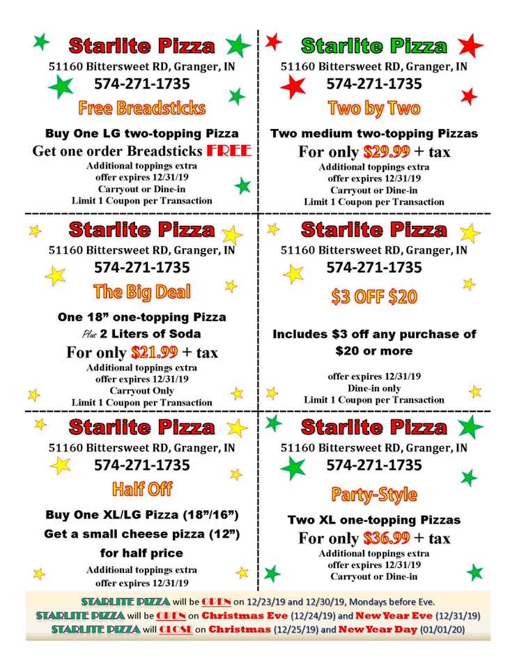 Menu at Starlite Pizza pizzeria, Granger