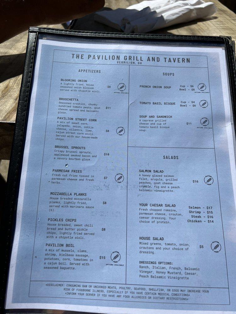 Menu at The Pavilion Grill restaurant, Vermilion
