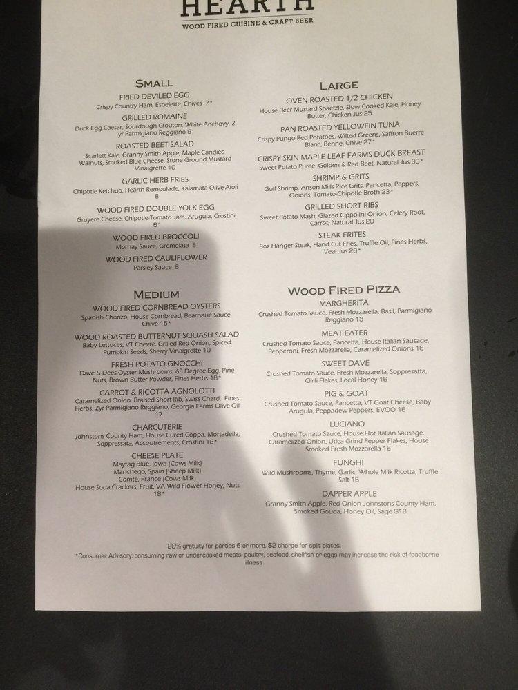 Menu at Hearth Wood Fired Cuisine & Craft Beer pub & bar, Virginia Beach